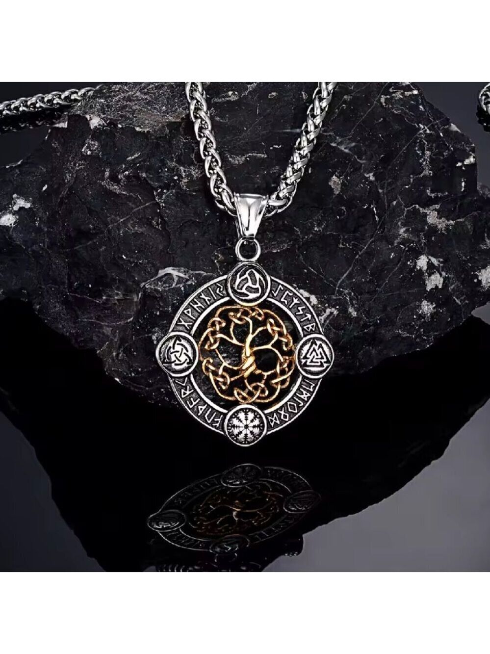 Norse Rune Tree of Life Pendant Necklace - Stainless Steel 24" #1535